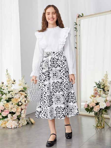 

teen girls ruffle trim flounce sleeve & allover print skirt she, White