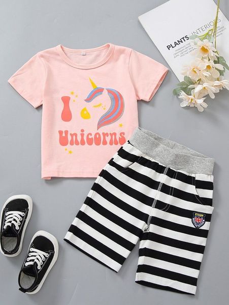 

toddler girls unicorn & slogan graphic tee & striped letter patch shorts she, White