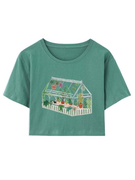 

romwe x maybeinmay plants print crop tee f1xi#, White