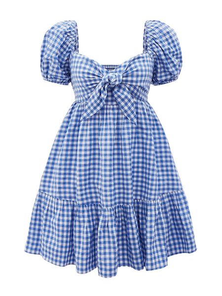 

mod gingham print puff sleeve knot front ruffle hem dress s1ob#, Black;gray