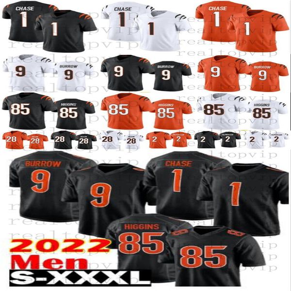 nuova venuta 9 Joe Burrow CIN 1 Ja'Marr JaMarr Chase Mens Bengal Football 85 Tee Higgins Maglie 2 Evan McPherson 28 Joe Mixon Camicie arancioni Maglia cucita bianca nera