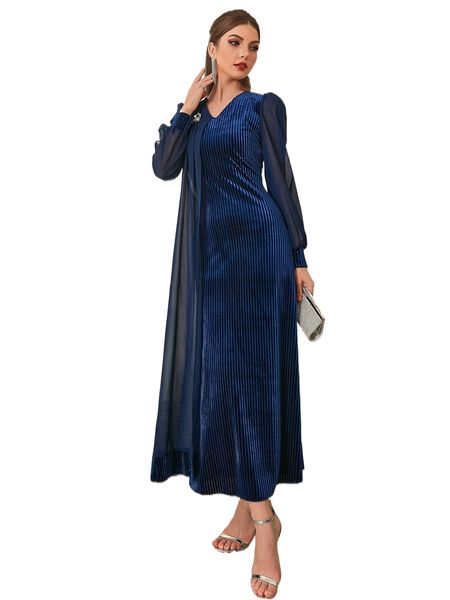 

mesh bishop sleeve velvet dress with brooch j2ml#, Black;gray