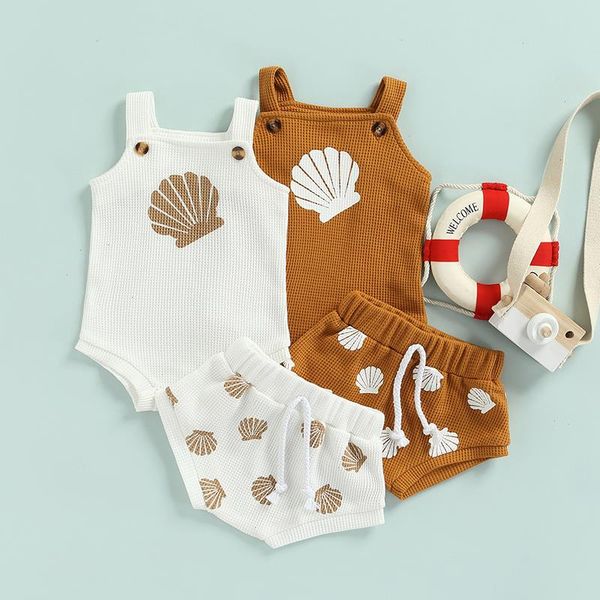

baby girl sets shorts shell printed suspender romper and tie-up short pants babys newborn set, White