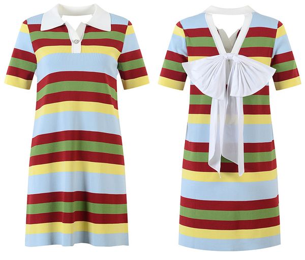 

501 2022 summer brand same style sweater dress lapel neck striped short sleeve fashion womens clothes yl, White;black