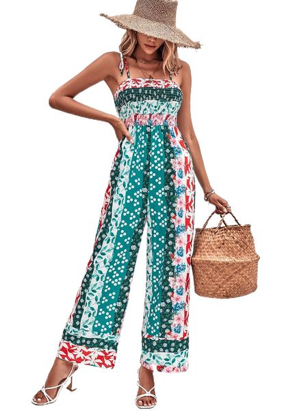 

floral print shirred tie shoulder cami jumpsuit w0wb#, Black;white