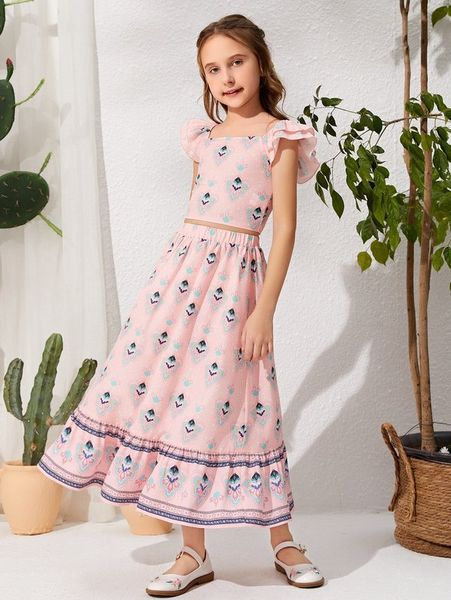 

sheen girls floral pattern ruffle sleeve and ruffle skirt set she, White