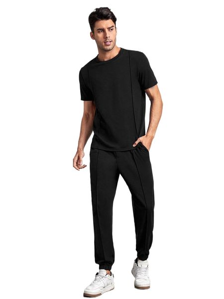 

men solid seam front tee & pants q4q6#, Gray