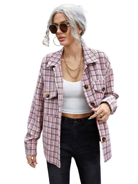 

plaid print drop shoulder tweed overcoat j673#, Black