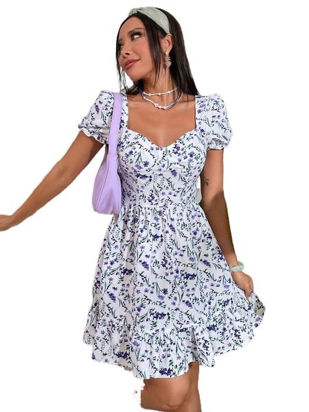 

sweetheart neck allover floral a-line dress l4c6#, Black;gray