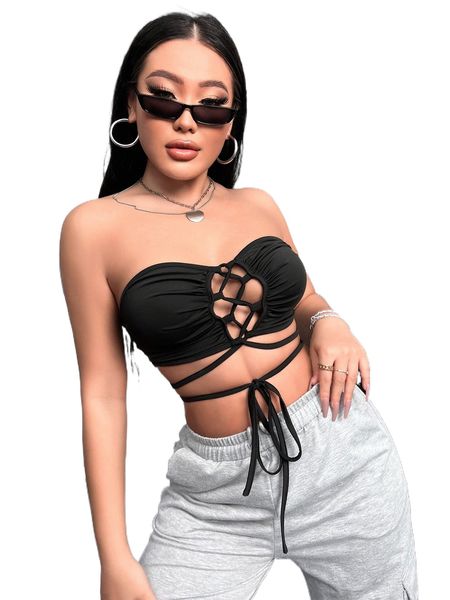 

lace up front crop tube 911u#, White