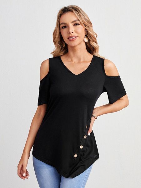

emery rose cold shoulder button detail hanky hem tee s7ix#, White