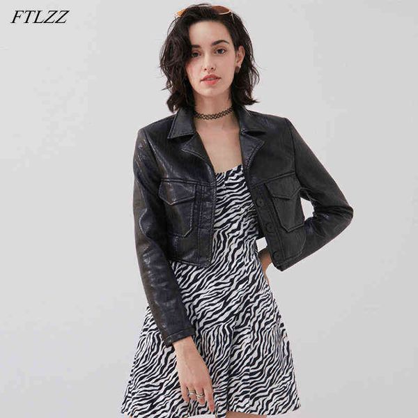 

ftlzz 2022 new spring short motorcycle pu leather jacket slim black single breasted outerwear lady faux soft leather coat l220728