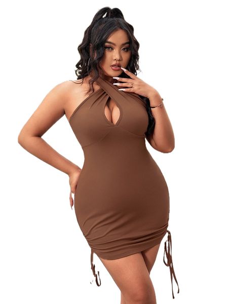 

plus cross wrap drawstring side halter bodycon dress b4vz#, Black