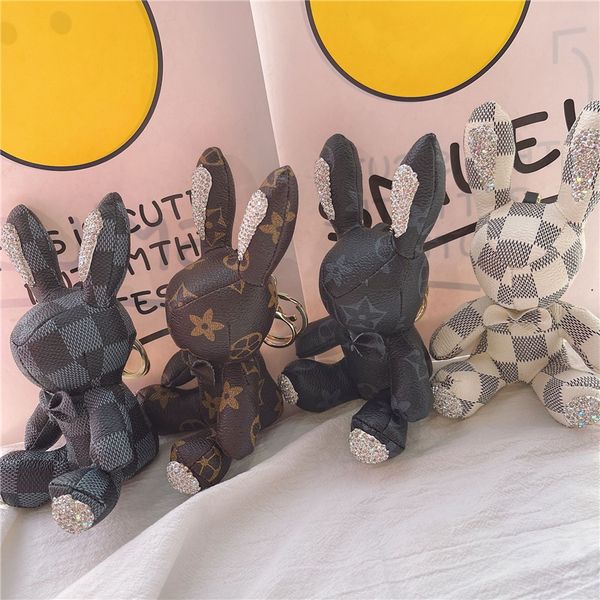 

animal rabbit keyrings pu leather luxury rhinestone key chains rings jewelry fashion black brown flower plaid design pendant bag charms keyc, Slivery;golden
