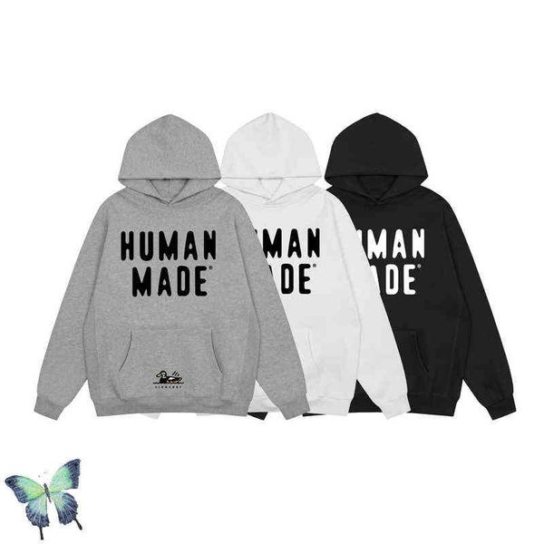 

men's hoodies sweatshirts human made print 380g heavyweight plush cotton hoodie sweatshirt men's women's loose pullover hoode, Black