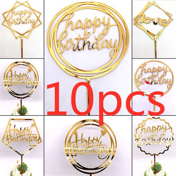 10 PCs 36 estilos Party Party Birthday Cake Topper Pink Gold Gold Acrylic Cake Toppers Decorações de bandeira do chá de bebê