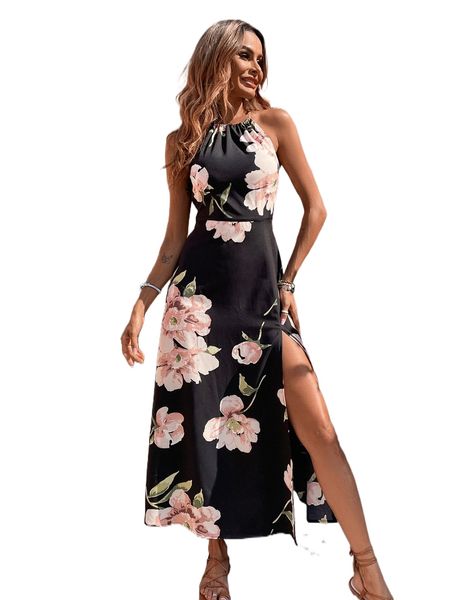 

floral print halter neck tie back split thigh dress 10rg#, Black;gray