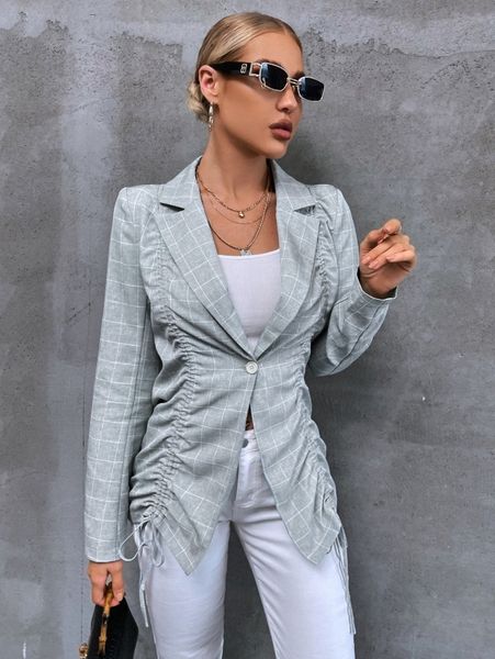 

grid print drawstring ruched blazer w3k1#, White