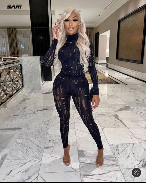 

irregular hole fall trend skinny women tracksuit hollow out t shirt slim pencil pants 2 piece matching set outfits 220714, Black