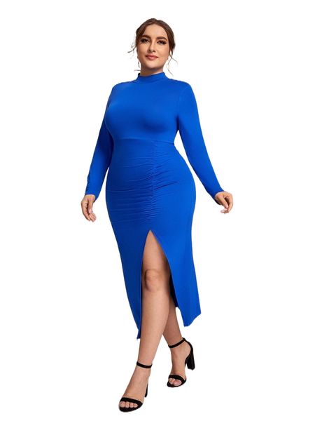 

plus mock neck ruched split thigh dress y34q#, Black