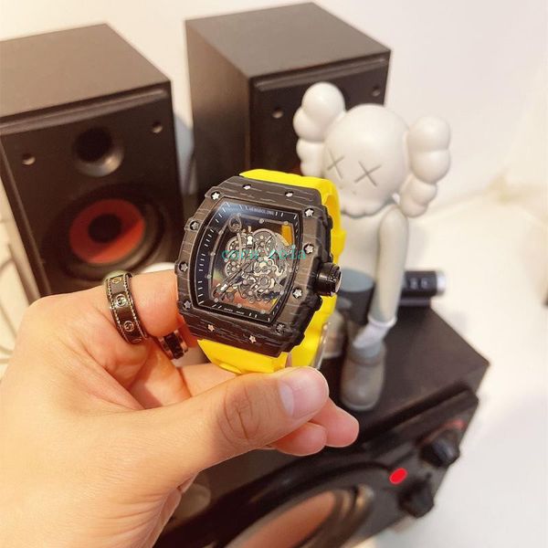 

a brand-new 43mm transparent shell skull trendy men's watch silicon tape casual fashion men's japan quartz movement watches, Slivery;brown