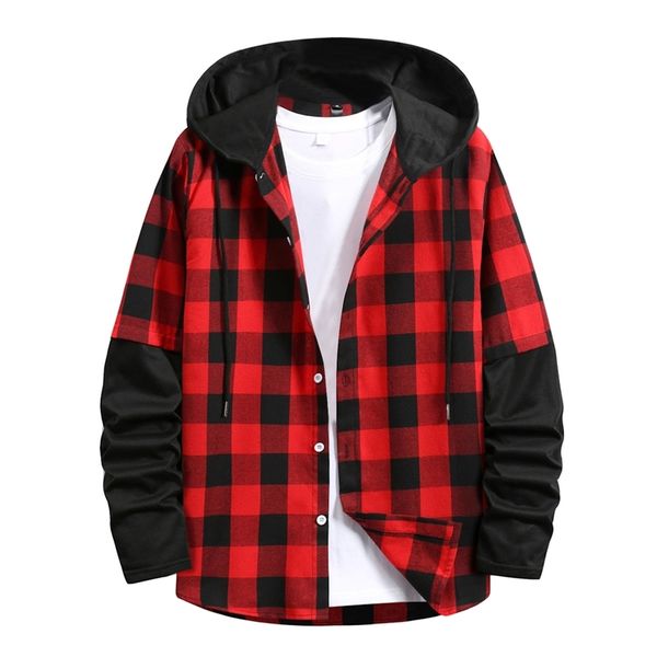 

men s autumn winter plaid jackets windbreaker stitching long sleeved casual hooded hip hop jacket fashion male clothes 220727, Black;brown