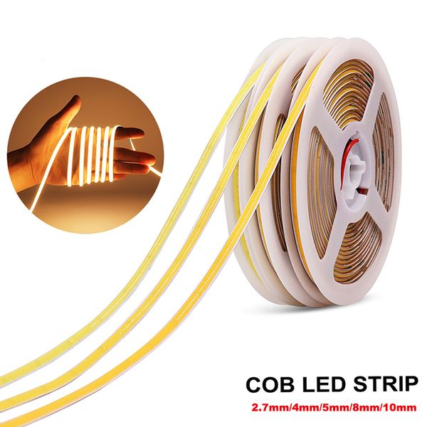 Cob Flexible LED Strip 12V 24V 480LEDS/M 2,7mm 4mm 5mm 8mm 10mm largura RA 90 Alta Fita de fita de luz LIVE