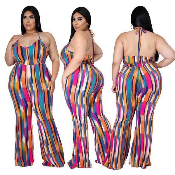 

2022 women summer plus size printed jumpsuitcasual suspender backless loose strip one piece suit, Black