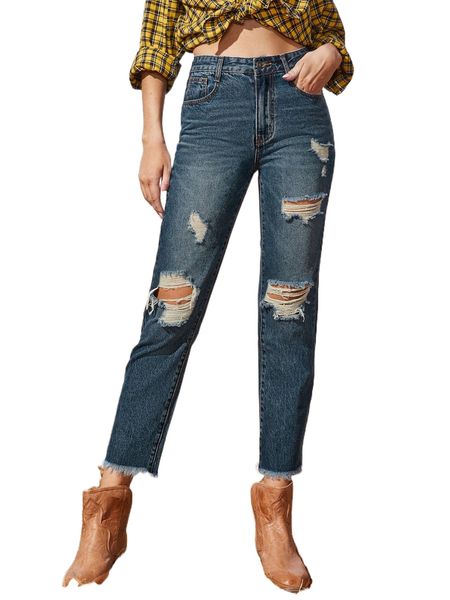 

ripped detail straight leg jeans x5di#, Blue