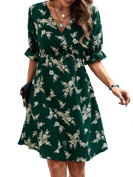 

floral print flounce sleeve dress r1l5#, Black;gray