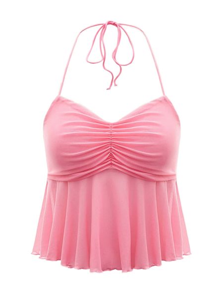 

lace up ruched peplum backless halter s5wl#, White