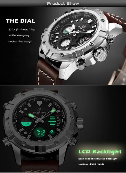 

2022new reloj hombre goldenhour sport leather men watch digital automatic waterproof military man wrist watch gift c3, Slivery;brown
