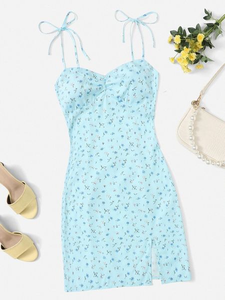 

ditsy floral ruched bust slit hem cami dress u0fy#, Black;gray