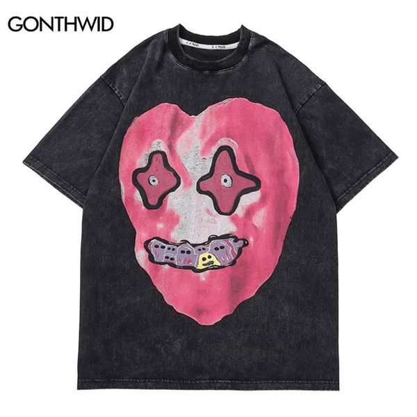 

distressed tshirt streetwear hip hop funny heart ghost print punk rock gothic tee shirts men harajuku cotton loose tshirt 220622, White;black