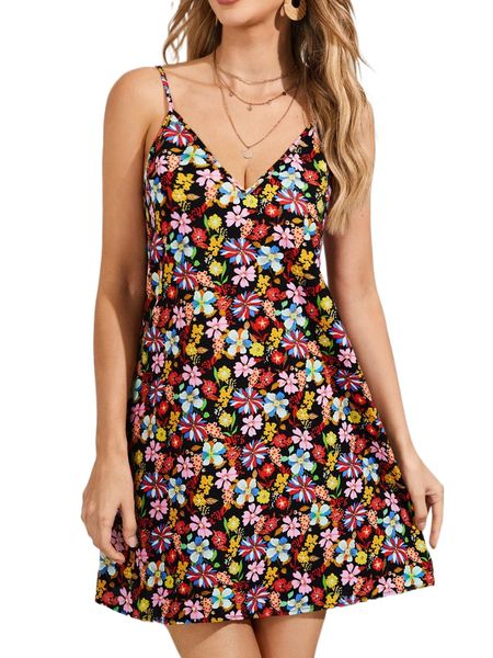 

allover floral print cami dress h2bv#, Black;gray
