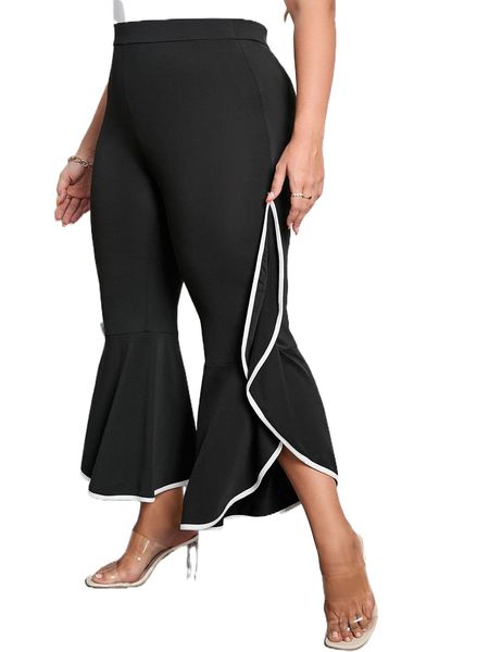 

plus contrast binding ruffle trim flare leg pants x3ny#, Black