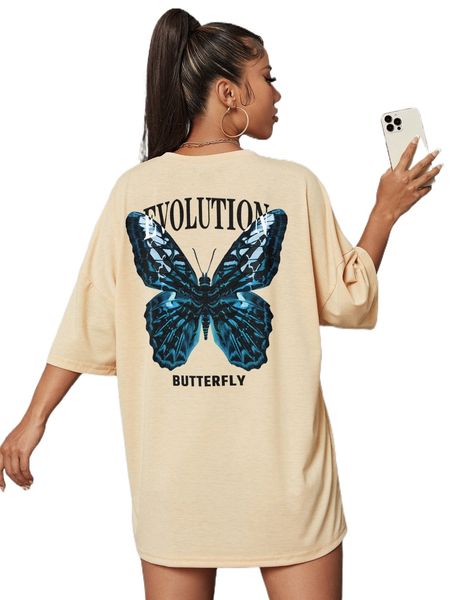 

letter & butterfly print drop shoulder tee y5hk#, White