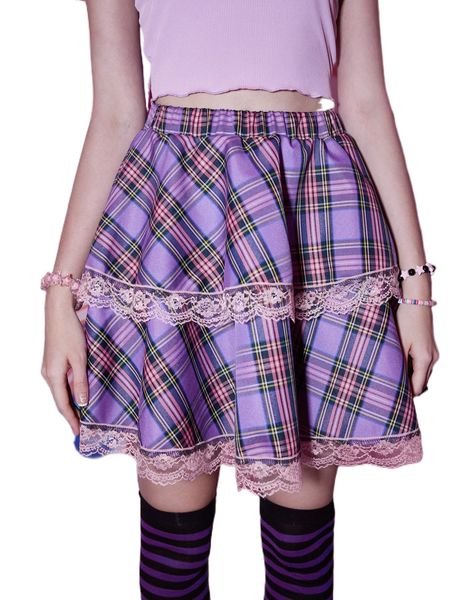 

romwe anime tartan contrast lace tiered layer skirt p2zc#, Black
