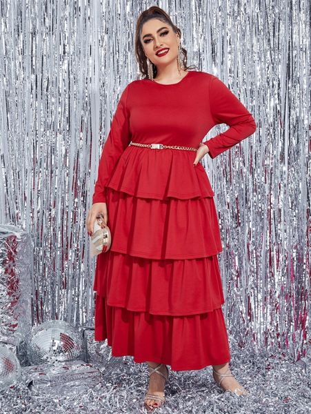 

plus 1pc layered ruffle hem dress without belt 27f3#, Black