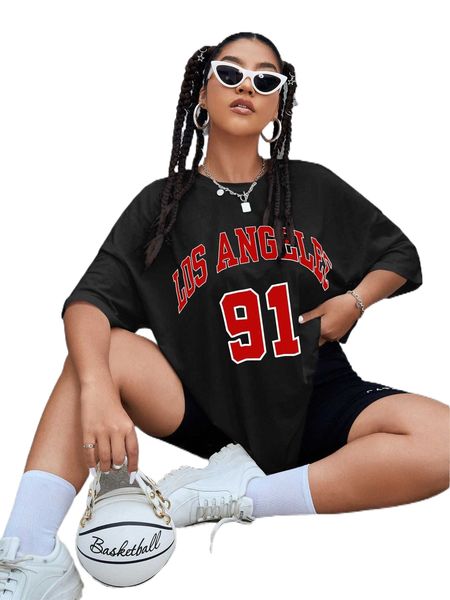 

plus letter graphic drop shoulder oversized tee f3zy#, Black