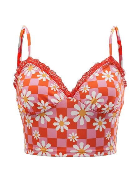 

x mine eyes lace trim floral and checked cami l52a#, White