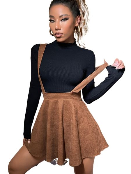 

solid corduroy suspender skirt l7ky#, Black