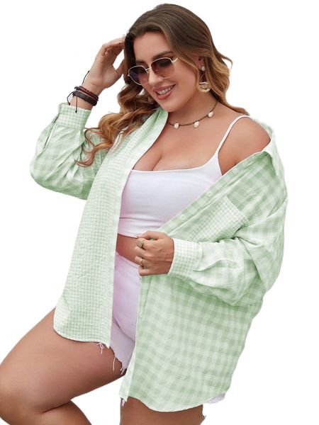 

plus gingham patched pocket drop shoulder blouse u37u#, Black