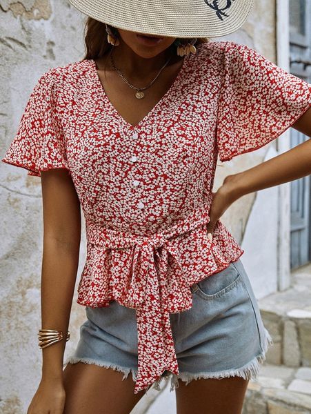 

ditsy floral butterfly sleeve belted peplum u2jq#, White