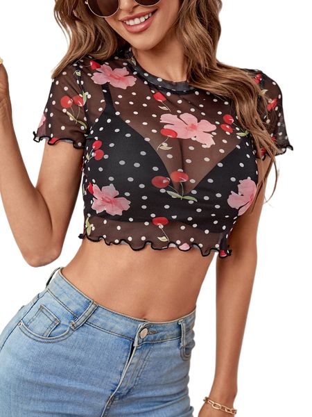 

polka dot & cherry print lettuce trim mesh without bra p4jh#, White