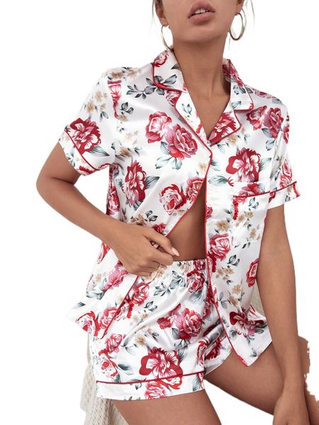 

floral print contrast binding & shorts pj set w4ew#, Black;red