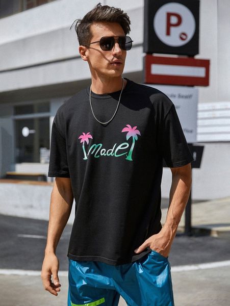 

men palm tree & letter graphic tee 97yb#, White;black