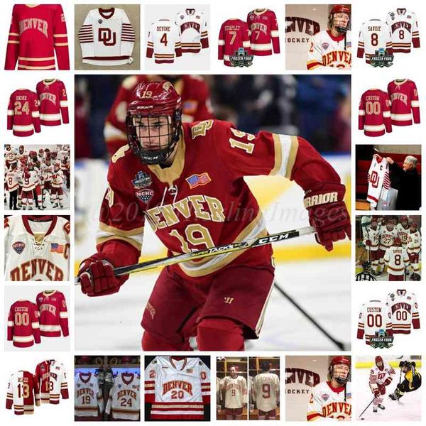 XFLSP 2022 Koleji Dondurulmuş Dört Şampiyonası Özel Denver Pioneers du Buz Hokeyi Jersey 21 Joey Laleggia 31 Juho Olkinuora 16 Jason Zucker 23 Drew