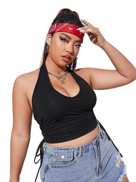 

plus halter neck wrap drawstring backless crop g5ke#, Black