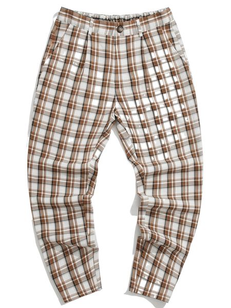 

men plaid slant pockets pants w26d#, Black